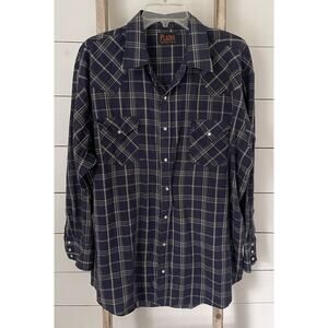 Vintage Plains Western Wear Long Sleeve Pearl Snap Blue Plaid Shirt Big Man 2X